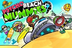 Hình ảnh một nhóm nhân vật hoạt hình vui nhộn ở bãi biển với bảng tên Psycho Beach Mummies phía trên