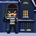 Một nhân vật hoạt hình mặc áo sọc đen trắng với chiếc mũ và khẩu súng trong bối cảnh tối trước mặt một tòa nhà với cửa sổ sáng đèn
