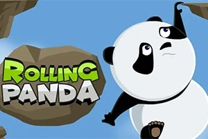 Gấu trúc đang leo giữa các tảng đá với bầu trời xanh, bên cạnh chữ Rolling Panda màu xanh lá và trắng