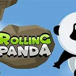 Gấu trúc đang leo giữa các tảng đá với bầu trời xanh, bên cạnh chữ Rolling Panda màu xanh lá và trắng
