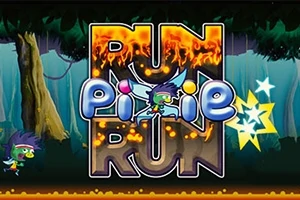 Một nhân vật nhỏ có cánh đang chạy trước một bảng chữ RUN PIXIE RUN với hiệu ứng lửa xung quanh, nền là khu rừng xanh tươi