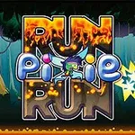 Một nhân vật nhỏ có cánh đang chạy trước một bảng chữ RUN PIXIE RUN với hiệu ứng lửa xung quanh, nền là khu rừng xanh tươi