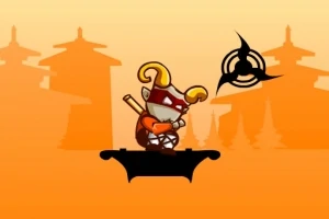 Một nhân vật hoạt hình đội mũ đồng, đứng trên bục đen, cầm gậy và đối diện với một vũ khí hình sao trong bối cảnh nền cam có hình bóng đền đài