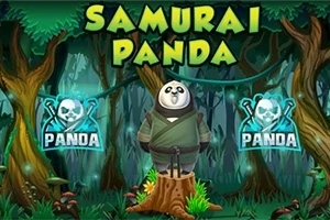 Gấu trúc mặc đồ samurai đứng trên gốc cây trong rừng, xung quanh có hai biểu tượng hình đầu lâu