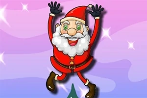 Ông già Noel hoạt hình nhảy lên với vui vẻ trên nền hồng và tím với những ngôi sao lấp lánh