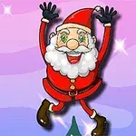 Ông già Noel hoạt hình nhảy lên với vui vẻ trên nền hồng và tím với những ngôi sao lấp lánh