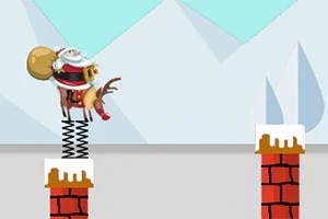 Ông già Noel cưỡi tuần lộc nhảy qua ống khói phủ tuyết với nền băng giá