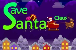 Ông già Noel ngồi trên xe trượt tuyết do tuần lộc kéo, bay qua ngôi làng phủ đầy tuyết với dòng chữ Save Santa Claus