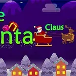 Ông già Noel ngồi trên xe trượt tuyết do tuần lộc kéo, bay qua ngôi làng phủ đầy tuyết với dòng chữ Save Santa Claus