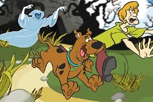 Scooby-Doo và một người bạn đang chạy trốn khỏi một hồn ma trên con đường quanh co trong khung cảnh rừng cây u ám