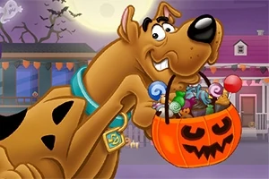 Chú chó hoạt hình đang cầm giỏ bí ngô Halloween đầy kẹo phía trước ngôi nhà trang trí Halloween