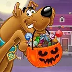 Chú chó hoạt hình đang cầm giỏ bí ngô Halloween đầy kẹo phía trước ngôi nhà trang trí Halloween