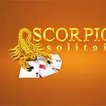 Hình ảnh có nền màu cam với từ Scorpion Solitaire và một con bọ cạp vàng đứng trên các lá bài