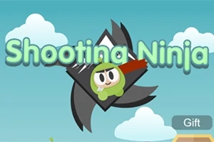 Một nhân vật ninja nhỏ màu xanh lá cây với băng đô đỏ bay trước đám mây trên nền bầu trời xanh, kèm theo chữ Shooting Ninja và nút Gift