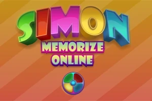 Chữ SIMON MEMORIZE ONLINE đầy màu sắc trên nền sọc chéo màu cam, với một biểu tượng hình tròn bốn màu bên dưới