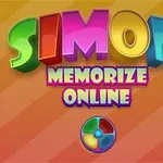 Chữ SIMON MEMORIZE ONLINE đầy màu sắc trên nền sọc chéo màu cam, với một biểu tượng hình tròn bốn màu bên dưới