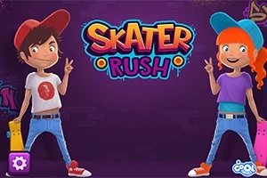 Hai nhân vật hoạt hình vui vẻ đứng hai bên chữ Skater Rush trên nền tím, mỗi người cầm một ván trượt