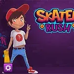 Hai nhân vật hoạt hình vui vẻ đứng hai bên chữ Skater Rush trên nền tím, mỗi người cầm một ván trượt