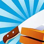 Con dao sáng bóng đang cắt qua các khối màu cam trên nền ánh sáng xanh tỏa ra