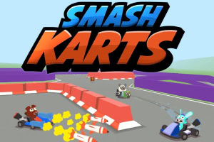 Hình ảnh mô tả các nhân vật hoạt hình lái xe kart thi đấu trên đường đua với tên Smash Karts nổi bật ở phía trên