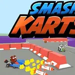 Hình ảnh mô tả các nhân vật hoạt hình lái xe kart thi đấu trên đường đua với tên Smash Karts nổi bật ở phía trên