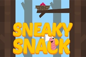 Hình ảnh nền rừng với chữ SNEAKY SNACK màu vàng và hình con sâu hồng dưới tổ chim có con chim non