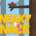 Hình ảnh nền rừng với chữ SNEAKY SNACK màu vàng và hình con sâu hồng dưới tổ chim có con chim non