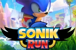 Hình ảnh nhân vật màu xanh đang chạy qua khung cảnh thiên nhiên tươi sáng với dòng chữ SONIK RUN nổi bật phía trước