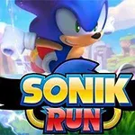 Hình ảnh nhân vật màu xanh đang chạy qua khung cảnh thiên nhiên tươi sáng với dòng chữ SONIK RUN nổi bật phía trước