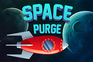Tên Space Purge với hình ảnh phi thuyền không gian màu đỏ trên nền vũ trụ với hai hành tinh mờ
