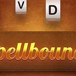 Chữ Spellbound màu vàng trên nền nâu, cùng các khối chữ cái T, V, D, O