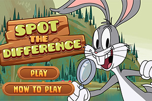 Nhân vật hoạt hình với tai dài cầm kính lúp bên cạnh các nút Play và How to Play trên nền rừng núi