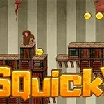 Hai con chuột đứng trên nền gỗ cùng với những đồng xu vàng và chữ Squicky nổi bật ở phía trước