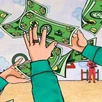 Những bàn tay với cánh tay xanh lá cây đang chụp các tờ tiền giấy màu xanh, với cảnh nền là sân chơi và hai người trong trang phục đỏ đứng phía xa