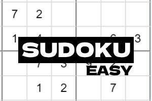 Một lưới các ô vuông với các con số đen trắng, có dòng chữ SUDOKU EASY nổi bật ở giữa