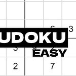 Một lưới các ô vuông với các con số đen trắng, có dòng chữ SUDOKU EASY nổi bật ở giữa