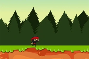 Một nhân vật ninja nhỏ mặc trang phục đen với dải băng đỏ chạy trên nền cảnh rừng có nhiều cây thông xanh
