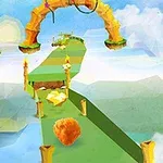 Con đường xanh nổi giữa bầu trời với các vật thể nổi, cây cối và cổng vòm bằng đá