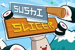 Dao và các miếng sushi hoạt hình với nền núi và bầu trời xanh