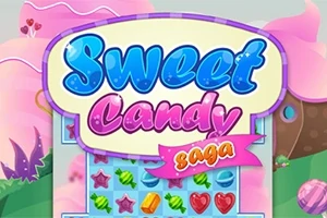 Hình ảnh một bảng hiển thị nhiều viên kẹo màu sắc khác nhau với dòng chữ Sweet Candy Saga nổi bật ở phía trên