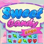 Hình ảnh một bảng hiển thị nhiều viên kẹo màu sắc khác nhau với dòng chữ Sweet Candy Saga nổi bật ở phía trên