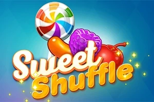 Hình ảnh có một cây kẹo mút, trái cây đầy màu sắc và chữ Sweet Shuffle sáng bóng trên nền xanh