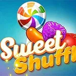 Hình ảnh có một cây kẹo mút, trái cây đầy màu sắc và chữ Sweet Shuffle sáng bóng trên nền xanh