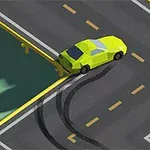 Xe ô tô màu vàng đang rẽ góc trên con đường với vệt bánh xe trên mặt đường