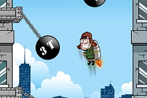 Một nhân vật đang bay với một chiếc jetpack giữa các tòa nhà, tránh quả cầu phá hủy treo trên xích trong bối cảnh bầu trời xanh và các tòa nhà cao tầng