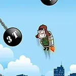 Một nhân vật đang bay với một chiếc jetpack giữa các tòa nhà, tránh quả cầu phá hủy treo trên xích trong bối cảnh bầu trời xanh và các tòa nhà cao tầng