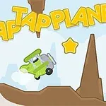 Một chiếc máy bay nhỏ màu xanh lá cùng với chữ TAP TAP PLANE màu vàng, bay qua địa hình núi không đều, với các ngôi sao vàng nổi bật trên bầu trời