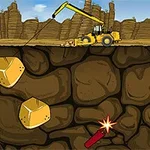 Xe cần cẩu đang đào dưới lòng đất, với các tảng đá và thuốc nổ xung quanh