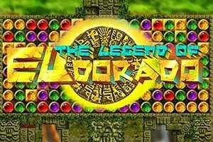 Dòng chữ The Legend of El Dorado nằm trên nền phông nền họa tiết Aztec đầy màu sắc và các viên ngọc quý