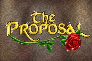 Chữ The Proposal màu vàng lấp lánh với một bông hồng đỏ trên nền họa tiết trang trí
